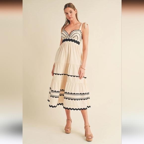 &MERCI Cream Black Wavy Wonder Ric Rac Trim Midi Dress Womens Size Medium - Picture 1 of 11